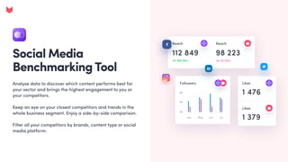 Social Media
Benchmarking Tool
Analyse data to discover which content performs best for
your sector and brings the highest engagement to you or
your competitors.


Keep an eye on your closest competitors and trends in the
whole business segment. Enjoy a side-by-side comparison. 


Filter all your competitors by brands, content type or social
media platform.
 