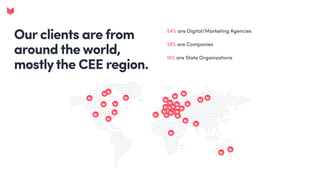 Ourclientsarefrom
aroundtheworld,
mostlytheCEEregion.
54% are Digital/Marketing Agencies
29% are Companies
16% are State Organizations
 