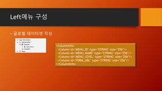 Left메뉴 구성
• 글로벌 데이터셋 작성
<ColumnInfo>
<Column id="MENU_ID" type="STRING" size="256"/>
<Column id="MENU_NAME" type="STRING" size="256"/>
<Column id="MENU_LEVEL" type="STRING" size="256"/>
<Column id="FORM_URL" type="STRING" size="256"/>
</ColumnInfo>
 