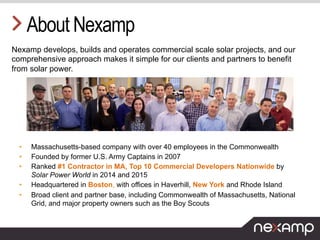About Nexamp
Nexamp develops, builds and operates commercial scale solar projects, and our
comprehensive approach makes it simple for our clients and partners to benefit
from solar power.
•  Massachusetts-based company with over 40 employees in the Commonwealth
•  Founded by former U.S. Army Captains in 2007
•  Ranked #1 Contractor in MA, Top 10 Commercial Developers Nationwide by
Solar Power World in 2014 and 2015
•  Headquartered in Boston, with offices in Haverhill, New York and Rhode Island
•  Broad client and partner base, including Commonwealth of Massachusetts, National
Grid, and major property owners such as the Boy Scouts
 