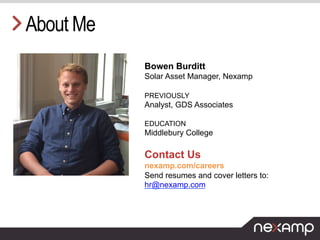 About Me
Bowen Burditt
Solar Asset Manager, Nexamp
PREVIOUSLY
Analyst, GDS Associates
EDUCATION
Middlebury College
Contact...