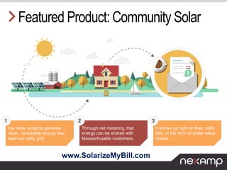 Featured Product: Community Solar
Through net metering, that
energy can be shared with
Massachusetts customers.
It shows u...