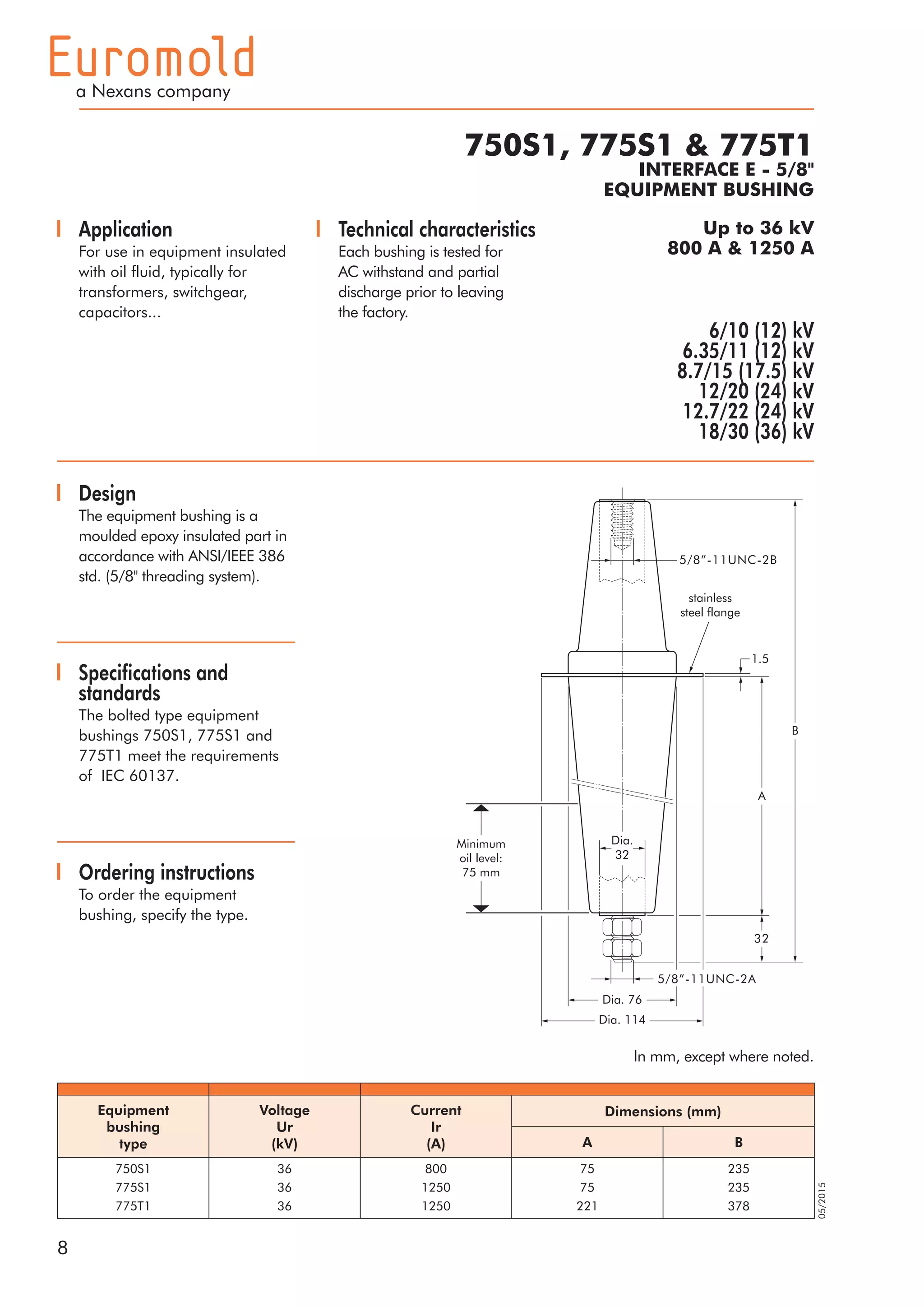 8
05/2015
Up to 36 kV
800 A & 1250 A
750S1, 775S1 & 775T1
INTERFACE E - 5/8"
EQUIPMENT BUSHING
Application
For use in equipment insulated
with oil fluid, typically for
transformers, switchgear,
capacitors...
Design
The equipment bushing is a
moulded epoxy insulated part in
accordance with ANSI/IEEE 386
std. (5/8" threading system).
Technical characteristics
Each bushing is tested for
AC withstand and partial
discharge prior to leaving
the factory.
Specifications and
standards
The bolted type equipment
bushings 750S1, 775S1 and
775T1 meet the requirements
of IEC 60137.
Ordering instructions
To order the equipment
bushing, specify the type.
In mm, except where noted.
6/10 (12) kV
6.35/11 (12) kV
8.7/15 (17.5) kV
12/20 (24) kV
12.7/22 (24) kV
18/30 (36) kV
Equipment
bushing
type
Voltage
Ur
(kV)
Current
Ir
(A)
Dimensions (mm)
A B
750S1
775S1
775T1
36
36
36
800
1250
1250
75
75
221
235
235
378
1.5
A
B
32
stainless
steel flange
Dia. 76
Dia. 114
Minimum
oil level:
75 mm
5/8”-11UNC-2A
5/8”-11UNC-2B
Dia.
32
Tel: +44 (0)191 490 1547
Fax: +44 (0)191 477 5371
Email: northernsales@thorneandderrick.co.uk
Website: www.cablejoints.co.uk
www.thorneanderrick.co.uk