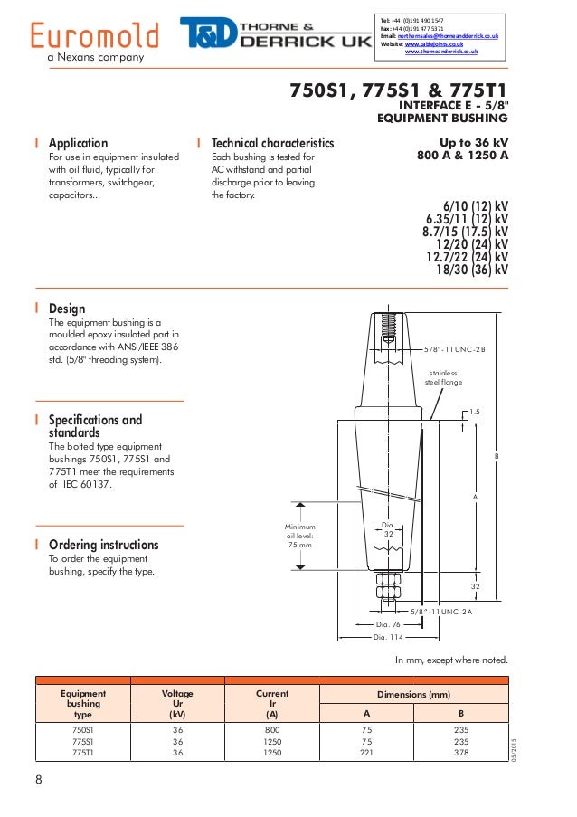 Nexans Euromold Bushings, Oil Insulated 33kV 800A1250A 750S1, 775S1