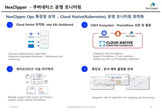NexClipper Ops 특장점 요약 : Cloud Native(Kubernetes) 운영 모니터링 최적화
Full stack dashboard for Kubernetes
Enhanced Kubernetes Dashboard – deployment and
monitoring
Integration with Prometheus
Support Prometheus 3rd part exporters
Global view with out Prometheus federation
Natively support multi cluster and tenancy
Support cluster without Prometheus
Integration with AI algorithms for analyzing and forecasting
NexClipper - 쿠버네티스 운영 모니터링
1 2Cloud Native 최적화- new k8s dashboard CNCF Ecosystem -Prometheus 보완 및 활용
엔터프라이즈 지원 아키텍처 확장성 - 분석 예측 플랫폼 연계3 4
5/7/2019 19Copyright@2019 by NexCloud
 