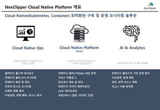 NexClipper Cloud Native Platform 개요
Cloud Native Ops Cloud Native Platform
(Soon)
AI & Analytics
클라우드 풀스택 대시보드
컨테이너 클러스터 모니터링
컨테이너 배포 및 관리
인프라 호스트 모니터링
이벤트 알람 관리
이상징후, 장애 예측, 리소스 분석
컨테이너 클러스터(k8s) 생성 관리
서비스 카탈로그
워크로드 배포 및 관리
컨테이너 이미지 레파지토리
CI/CI 파이프라인
포털서비스 (빌링, 미터링 ,인증)
컨테이너 클러스터 기반 운영 분석
이상징후, 장애 예측
잉여, 부족 리소스 예측
리소스 사용 최적화
Cloud Native(Kubernetes, Container) 최적화된 구축 및 운영 모니터링 솔루션
컨테이너 클러스터(쿠버네티스)
운영 모니터링 운영 데이터 분석 및 예측 플랫폼
컨테이너 클러스터(쿠버네티스)
구축 및 관리 솔루션
 