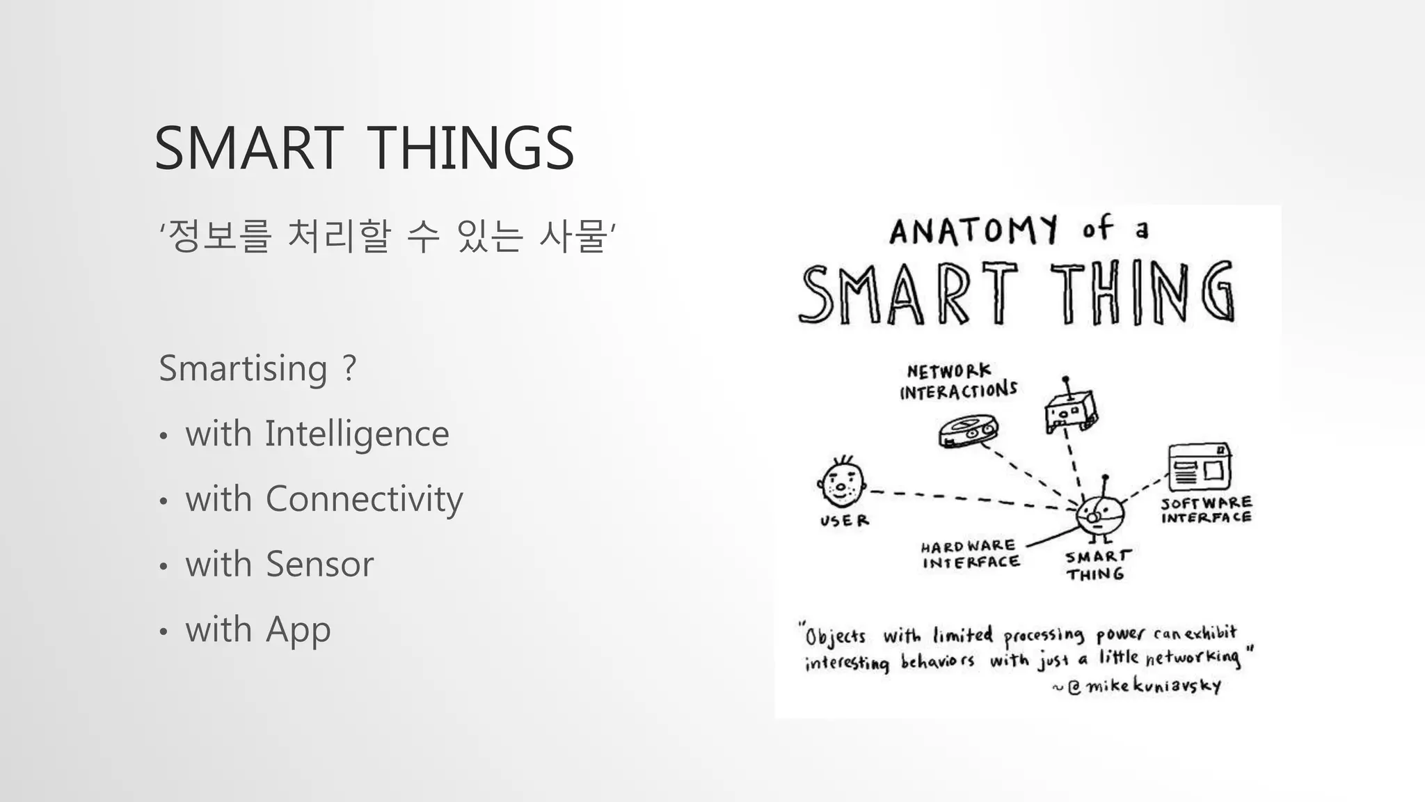 SMART THINGS
&lsquo;정보를 처리할 수 있는 사물&rsquo;
Smartising ?
&bull; with Intelligence
&bull; with Connectivity
&bull; with Sensor
&bull; with App
 