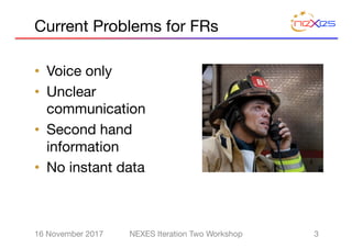 Current Problems for FRs
• Voice only
• Unclear
communication
• Second hand
information
• No instant data
16 November 2017 NEXES Iteration Two Workshop 3
 
