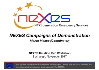 NEXt generation Emergency Services
NEXES Campaigns of Demonstration
Marco Manso (Coordinator)
NEXES Iteration Two Workshop
Bucharest, November 2017
 
