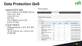 Data Protection QoS
• Data보호정책 QoS
• 하나의 정책으로 여러 볼륨에 적용가능
• 로컬 스냅샷 / 복제
• 스냅샷 유지기간
• 잡큐 예약
• 서비스레벨별 우선순위 적용
• 온라인 즉시적용
• 단순한 VM관리
• VM별 provisioning, 스냅샷, 복제, 클론,
QoS관리
• 하나의 정책으로 모든 스토리지 관련
관리를 총괄
 