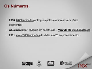 Os Números


• 2010: 6.650 unidades entregues pelas 4 empresas em vários
  segmentos;

• Atualmente: 601.020 m2 em construção – VGV de R$ 968.548.000,00;

• 2011: mais 7.000 unidades divididas em 20 empreendimentos.
 