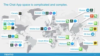 The Chat App space is complicated and complex.
4
United States
Mexico
Latin America
South Africa
Russia
China
Malaysia
Jap...
