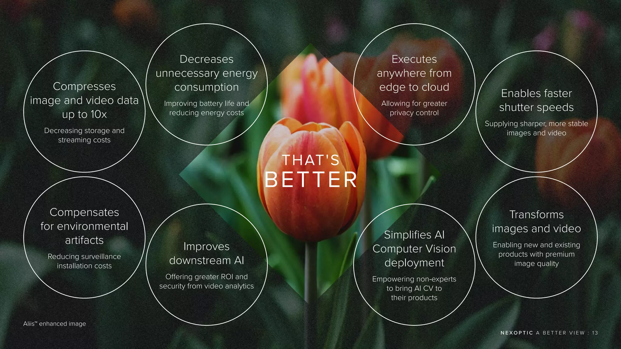 THAT'S
BETTER
Decreases
unnecessary energy
consumption
Improving battery life and
reducing energy costs
Executes
anywhere from
edge to cloud
Allowing for greater
privacy control
Compresses
image and video data
up to 10x
Decreasing storage and
streaming costs
Enables faster
shutter speeds
Supplying sharper, more stable
images and video
Compensates
for environmental
artifacts
Reducing surveillance
installation costs
Transforms
images and video
Enabling new and existing
products with premium
image quality
Improves
downstream AI
Offering greater ROI and
security from video analytics
Simplifies AI
Computer Vision
deployment
Empowering non-experts
to bring AI CV to
their products
N E X O P T I C A B E T T E R V I E W : 1 3
Aliis™ enhanced image
 