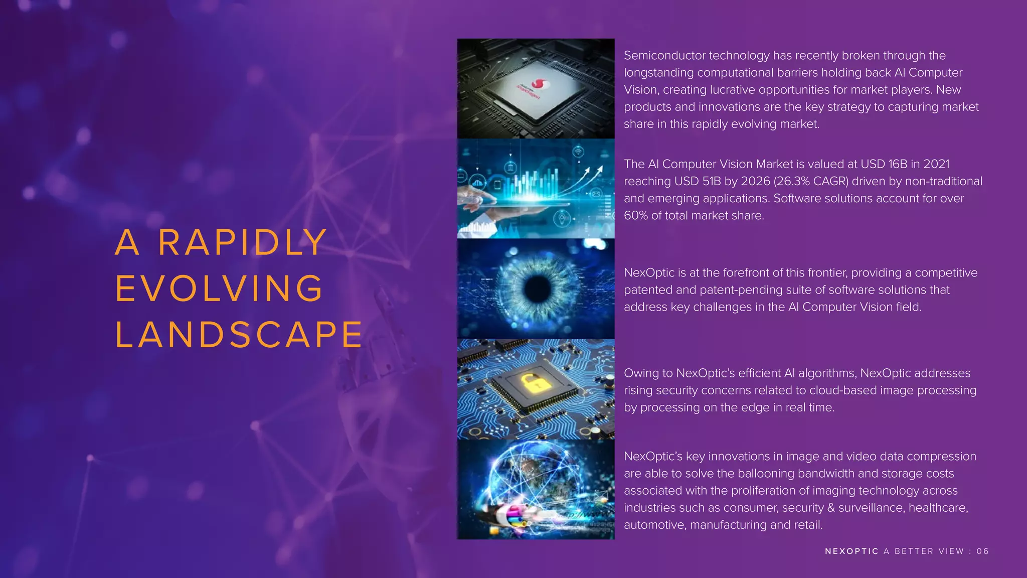 N E X O P T I C A B E T T E R V I E W : 0 6
A RAPIDLY
EVOLVING
LANDSCAPE
The AI Computer Vision Market is valued at USD 16B in 2021
reaching USD 51B by 2026 (26.3% CAGR) driven by non-traditional
and emerging applications. Software solutions account for over
60% of total market share.
NexOptic’s key innovations in image and video data compression
are able to solve the ballooning bandwidth and storage costs
associated with the proliferation of imaging technology across
industries such as consumer, security  surveillance, healthcare,
automotive, manufacturing and retail.
NexOptic is at the forefront of this frontier, providing a competitive
patented and patent-pending suite of software solutions that
address key challenges in the AI Computer Vision field.
Owing to NexOptic’s efficient AI algorithms, NexOptic addresses
rising security concerns related to cloud-based image processing
by processing on the edge in real time.
Semiconductor technology has recently broken through the
longstanding computational barriers holding back AI Computer
Vision, creating lucrative opportunities for market players. New
products and innovations are the key strategy to capturing market
share in this rapidly evolving market.
 