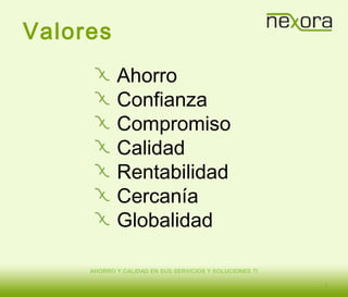 AHORRO Y CALIDAD EN SUS SERVICIOS Y SOLUCIONES TI
Ahorro
Confianza
Compromiso
Calidad
Rentabilidad
Cercanía
Globalidad
Valores
4
 