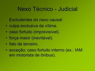 Nexo Técnico - Judicial
Excludentes do nexo causal:
• culpa exclusiva da vítima.
• caso fortuito (imprevisível).
• força maior (inevitável).
• fato de terceiro.
• exceção: caso fortuito interno (ex.: IAM
em motorista de ônibus).
 