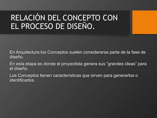 RELACIÓN DEL CONCEPTO CON
EL PROCESO DE DISEÑO.
En Arquitectura los Conceptos suelen considerarse parte de la fase de
diseño.
En esta etapa es donde el proyectista genera sus “grandes ideas” para
el diseño.
Los Conceptos tienen características que sirven para generarlos o
identificarlos.
 