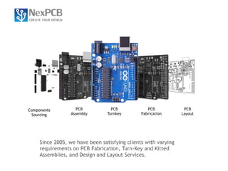 Components 
Sourcing 
PCB 
Assembly 
Supply Chain Management 
PCB 
Turnkey 
PCB 
Fabrication 
Since 2005, we have been satisfying clients with varying 
requirements on PCB Fabrication, Turn-Key and Kitted 
Assemblies, and Design and Layout Services. 
PCB 
Layout 
 