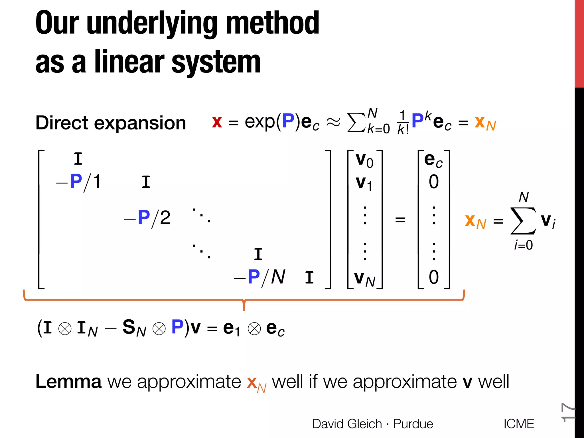 Our underlying method !
as a linear system
Direct expansion!


"
!
!
!

ICME
David Gleich · Purdue
17
x = exp(P)ec ⇡
PN
k=0
1
k! Pk
ec = xN
2
6
6
6
6
6
6
4
III
P/1 III
P/2
...
... III
P/N III
3
7
7
7
7
7
7
5
2
6
6
6
6
6
6
4
v0
v1
...
...
vN
3
7
7
7
7
7
7
5
=
2
6
6
6
6
6
6
4
ec
0
...
...
0
3
7
7
7
7
7
7
5
xN =
NX
i=0
vi
(III ⌦ IIIN SN ⌦ P)v = e1 ⌦ ec
Lemma we approximate xN well if we approximate v well
 