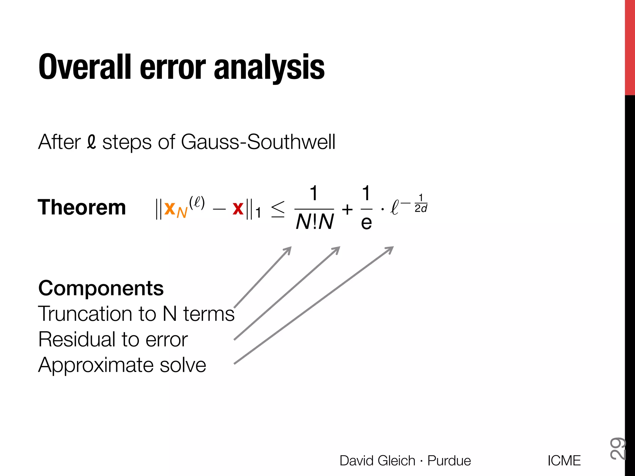 Overall error analysis
ICME
David Gleich · Purdue
29

Components!
Truncation to N terms
Residual to error
 

Approximate solve

Theorem kxN
(`)
xk1 
1
N!N
+
1
e
· `
1
2d
After ℓ steps of Gauss-Southwell
 