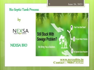June 26, 2021
www.nexsabio.in
Contact : 9884733322
1
Bio Septic Tank Process
by
NEXSA BIO
 