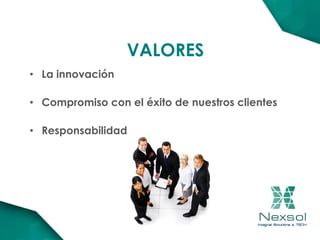 • La innovación
• Compromiso con el éxito de nuestros clientes
• Responsabilidad
VALORES
 
