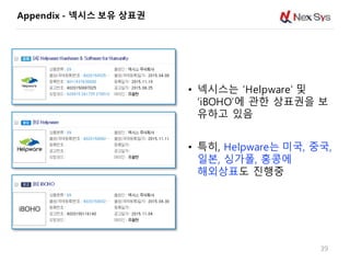 • 넥시스는 ‘Helpware’ 및
‘iBOHO’에 관한 상표권을 보
유하고 있음
39
• 특히, Helpware는 미국, 중국,
일본, 싱가폴, 홍콩에
해외상표도 진행중
Appendix - 넥시스 보유 상표권
 