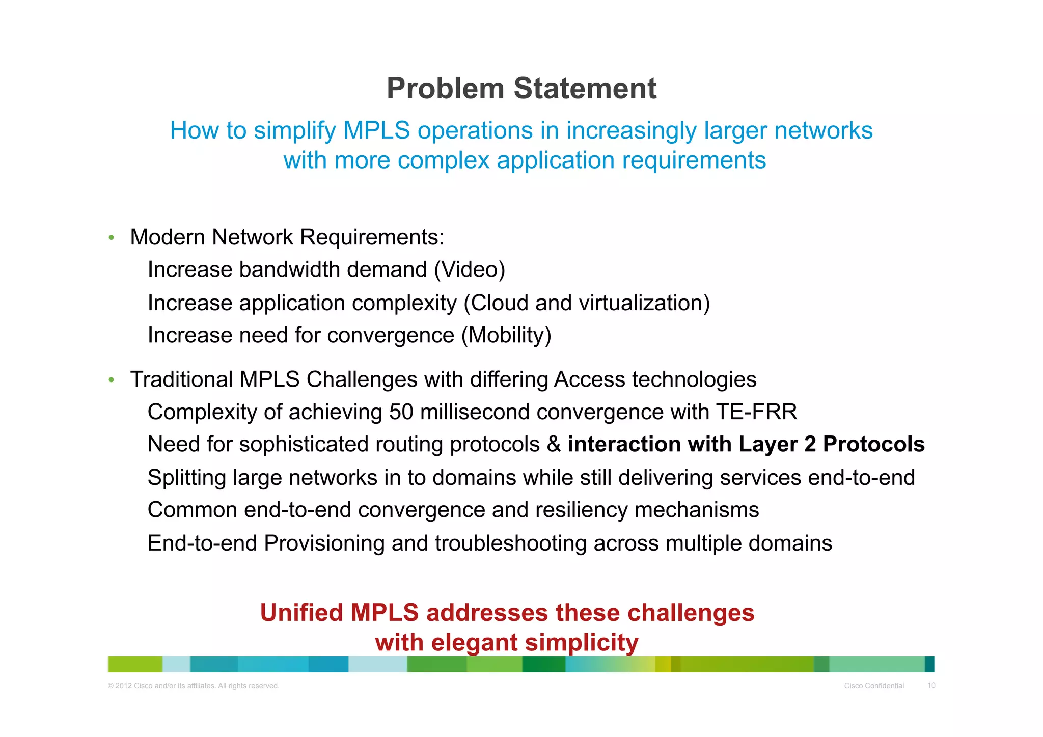 Problem Statement
How to simplify MPLS operations in increasingly larger networks
with more complex application requirements
•  Modern Network Requirements:

Increase bandwidth demand (Video)
Increase application complexity (Cloud and virtualization)
Increase need for convergence (Mobility)
•  Traditional MPLS Challenges with differing Access technologies

Complexity of achieving 50 millisecond convergence with TE-FRR
Need for sophisticated routing protocols & interaction with Layer 2 Protocols
Splitting large networks in to domains while still delivering services end-to-end
Common end-to-end convergence and resiliency mechanisms
End-to-end Provisioning and troubleshooting across multiple domains

Unified MPLS addresses these challenges
with elegant simplicity
© 2012 Cisco and/or its affiliates. All rights reserved.

Cisco Confidential

10

 