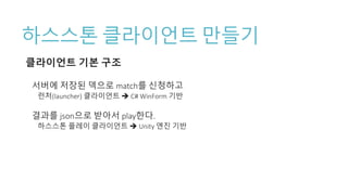 하스스톤 클라이언트 만들기
클라이언트 기본 구조
서버에 저장된 덱으로 match를 신청하고
런처(launcher) 클라이언트  C# WinForm 기반
결과를 json으로 받아서 play한다.
하스스톤 플레이 클라이언트  Unity 엔진 기반
 