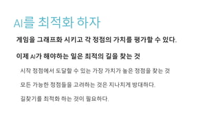 AI를 최적화 하자
게임을 그래프화 시키고 각 정점의 가치를 평가할 수 있다.
이제 AI가 해야하는 일은 최적의 길을 찾는 것
시작 정점에서 도달할 수 있는 가장 가치가 높은 정점을 찾는 것
모든 가능한 정점들을 고려하는 것은 지나치게 방대하다.
길찾기를 최적화 하는 것이 필요하다.
 