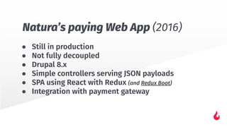 ● Still in production
● Not fully decoupled
● Drupal 8.x
● Simple controllers serving JSON payloads
● SPA using React with Redux (and Redux Boot)
● Integration with payment gateway
Natura’s paying Web App (2016)
 