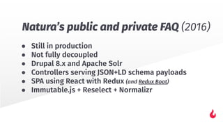 ● Still in production
● Not fully decoupled
● Drupal 8.x and Apache Solr
● Controllers serving JSON+LD schema payloads
● SPA using React with Redux (and Redux Boot)
● Immutable.js + Reselect + Normalizr
Natura’s public and private FAQ (2016)
 