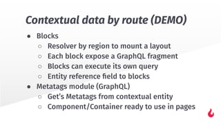 ● Blocks
○ Resolver by region to mount a layout
○ Each block expose a GraphQL fragment
○ Blocks can execute its own query
○ Entity reference ﬁeld to blocks
● Metatags module (GraphQL)
○ Get’s Metatags from contextual entity
○ Component/Container ready to use in pages
Contextual data by route (DEMO)
 
