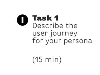 Task 1
Describe the
user journey
for your persona
(15 min)
 