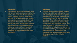 Marketing
● With the base graphics already created
for the event, this role will need to work
with Carnegie’s creative team to update
the designs to showcase the respective
theme of the event as well as any new
sponsors. They will create and monitor
the social media aspects of marketing
for the event and any digital spend. Any
printing needs for the marketing of the
event will be done by this member of the
committee and they will create a plan for
the distribution of the material. The
marketing role will assist operations with
developing copy for the ticketing
platform.
Operations
● This member of the committee will work
with all non-artist vendors needed for the
event. This could include bar services,
food or catering, furniture, and décor
vendors. They will ensure all contracts
and payments are made and work with
the vendors the night of the event to
ensure execution. Additionally, this role
will manage the ticket sales system by
setting up the event from a technical
standpoint, as well as working with
marketing for copy related to the event
description.
 