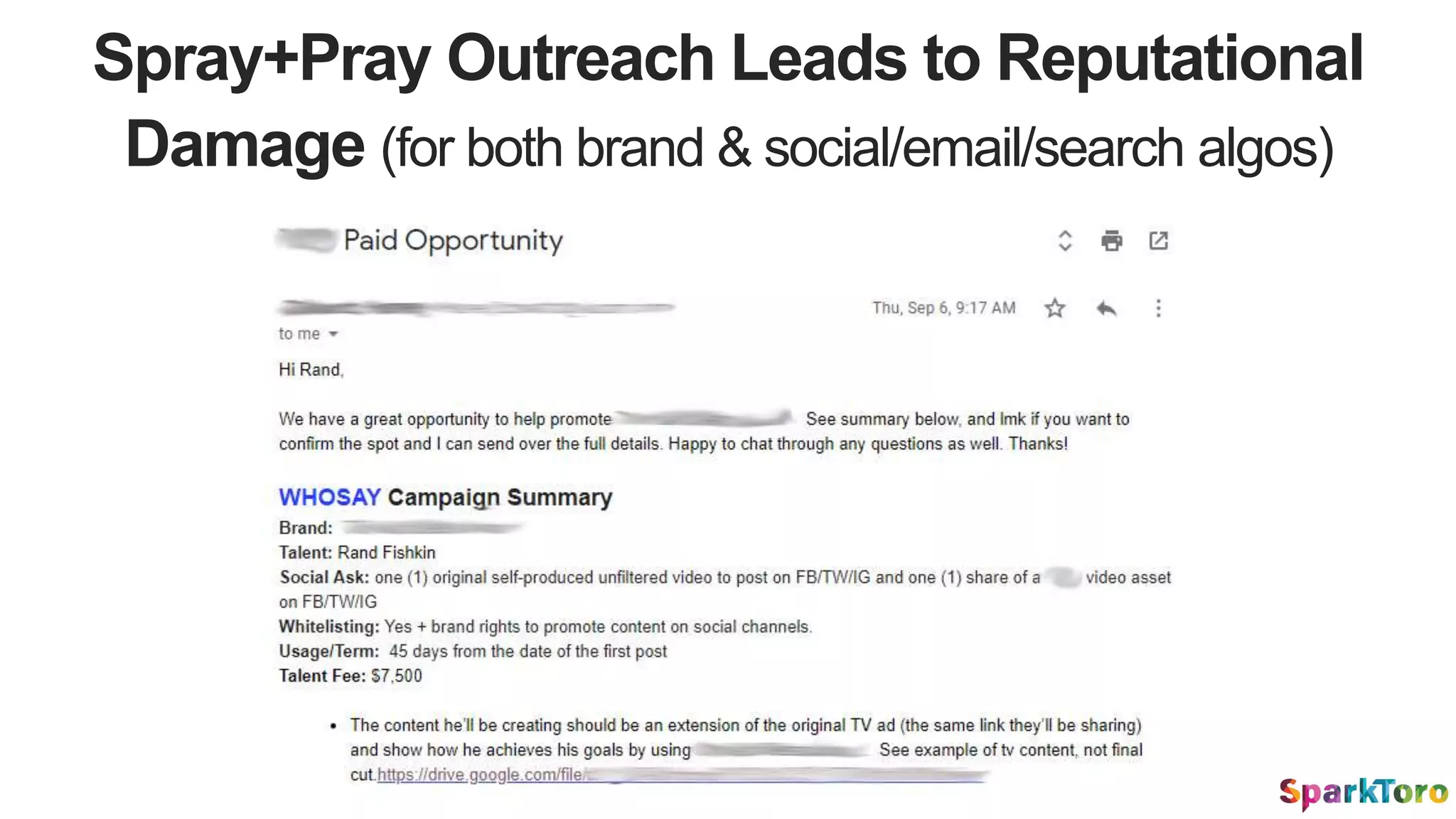 Spray+Pray Outreach Leads to Reputational
Damage (for both brand & social/email/search algos)
 