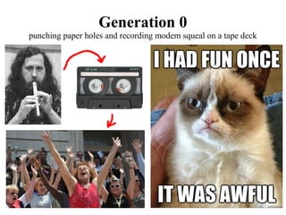 Generation 0
punching paper holes and recording modem squeal on a tape deck
 