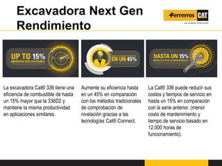 Excavadora Next Gen
Rendimiento
La excavadora Cat® 336 tiene una
eficiencia de combustible de hasta
un 15% mayor que la 336D2 y
mantiene la misma productividad
en aplicaciones similares.
Aumente su eficiencia hasta
en un 45% en comparación
con los métodos tradicionales
de comprobación de
nivelación gracias a las
tecnologías Cat® Connect.
La Cat® 336 puede reducir sus
costos y tiempos de servicio en
hasta un 15% en comparación
con la serie anterior. (menor
costo de mantenimiento y
tiempo de servicio basado en
12.000 horas de
funcionamiento).
 