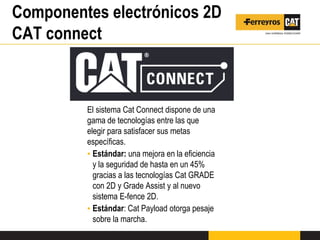 Componentes electrónicos 2D
CAT connect
El sistema Cat Connect dispone de una
gama de tecnologías entre las que
elegir para satisfacer sus metas
específicas.
▪ Estándar: una mejora en la eficiencia
y la seguridad de hasta en un 45%
gracias a las tecnologías Cat GRADE
con 2D y Grade Assist y al nuevo
sistema E-fence 2D.
▪ Estándar: Cat Payload otorga pesaje
sobre la marcha.
 