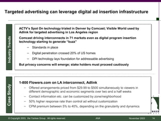 Targeted advertising can leverage digital ad insertion infrastructure


                    ACTV’s Spot On technology trialed in Denver by Comcast; Visible World used by
                    Adlink for targeted advertising in Los Angeles region
  Industry Trends




                    Comcast driving interconnects in 71 markets even as digital program insertion
                    technology starting to generate “buzz”
                           –     Standards in place
                           –     Digital penetration crossed 20% of US homes
                           –     DPI technology lays foundation for addressable advertising
                    But privacy concerns will emerge; stake holders must proceed cautiously




                    1-800 Flowers.com on LA interconnect, Adlink
 Case Study




                       –       Offered arrangements priced from $29.99 to $500 simultaneously to viewers in
                               different demographic and economic segments over two and a half weeks
                       –       Contact information etc. can be customized by zone/neighborhood
                       –       50% higher response rate than control ad without customization
                       –       CPM premium between 5% to 40%, depending on the granularity and dynamics


     © Copyright 2003, the Yankee Group. All rights reserved.                  ANA                  November 2003   14
 