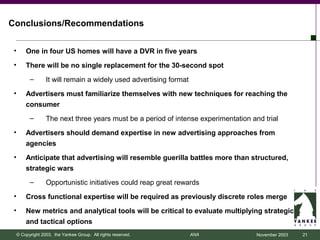 Conclusions/Recommendations


 •       One in four US homes will have a DVR in five years
 •       There will be no single replacement for the 30-second spot
           –       It will remain a widely used advertising format
 •       Advertisers must familiarize themselves with new techniques for reaching the
         consumer
           –       The next three years must be a period of intense experimentation and trial
 •       Advertisers should demand expertise in new advertising approaches from
         agencies
 •       Anticipate that advertising will resemble guerilla battles more than structured,
         strategic wars
           –       Opportunistic initiatives could reap great rewards
 •       Cross functional expertise will be required as previously discrete roles merge
 •       New metrics and analytical tools will be critical to evaluate multiplying strategic
         and tactical options
     © Copyright 2003, the Yankee Group. All rights reserved.        ANA              November 2003   21
 