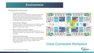 33© 2014 Cisco and/or its affiliates. All rights reserved. Cisco Confidential
Cisco Connected Workplace
Physical Environment:
•  Furniture Solution:
State of the art workstation design supports
just-in-time idea sharing while minimizing
visual distractions from those around you.
Lower panels make finding colleagues and
available resources easier
•  Concentric design:
Keeps noise in the core (area in building near
the elevators) of the building and reduces
traffic in the work area
•  Many different space types:
Most jobs benefit from having access to a
variety of open and closed door spaces when
needed
•  Centralized Storage:
With personal and team storage centralized
team members are free to choose the space
that best meets their needs within their
neighborhood
Environment
 
