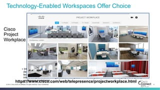 9© 2014 Cisco and/or its affiliates. All rights reserved. Cisco Confidential
Technology-Enabled Workspaces Offer Choice
Cisco
Project
Workplace
! Integration of space
design, interiors and
technology elements
into a comprehensive
workspace experience
! Workspace experience
as the foundational
building block of the next
generation workplace
! Consistency simplifies
change management
and reduces barriers
to adoption
! Reduces cost,
complexity and risk.
Allows customers to
deploy more quickly
https://www.cisco.com/web/telepresence/projectworkplace.html
 