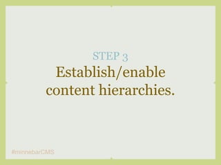 STEP 3
          Establish/enable
         content hierarchies.



#minnebarCMS
 