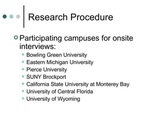 Research Procedure Participating campuses for onsite interviews: Bowling Green University  Eastern Michigan University  Pierce University  SUNY Brockport California State University at Monterey Bay University of Central Florida University of Wyoming 