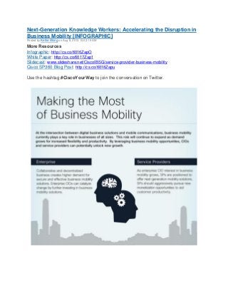 Next-Generation Knowledge Workers: Accelerating the Disruption in
Business Mobility [INFOGRAPHIC]
Posted by Kellie Wong on Aug 8, 2013 10:02:19 AM
More Resources
Infographic: http://cs.co/6016ZapO
White Paper: http://cs.co/6017Zap1
Slidecast: www.slideshare.net/CiscoIBSG/service-provider-business-mobility
Cisco SP360 Blog Post: http://cs.co/6018Zapu
Use the hashtag #CiscoYourWay to join the conversation on Twitter.
 