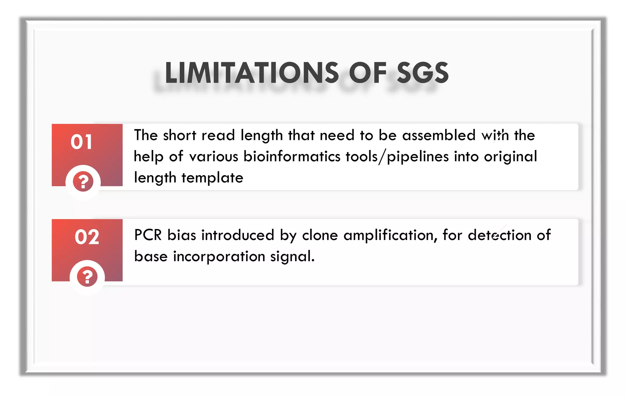 The short read length that need to be assembled with the
help of various bioinformatics tools/pipelines into original
length template
LIMITATIONS OF SGS
01
PCR bias introduced by clone amplification, for detection of
base incorporation signal.
02
 