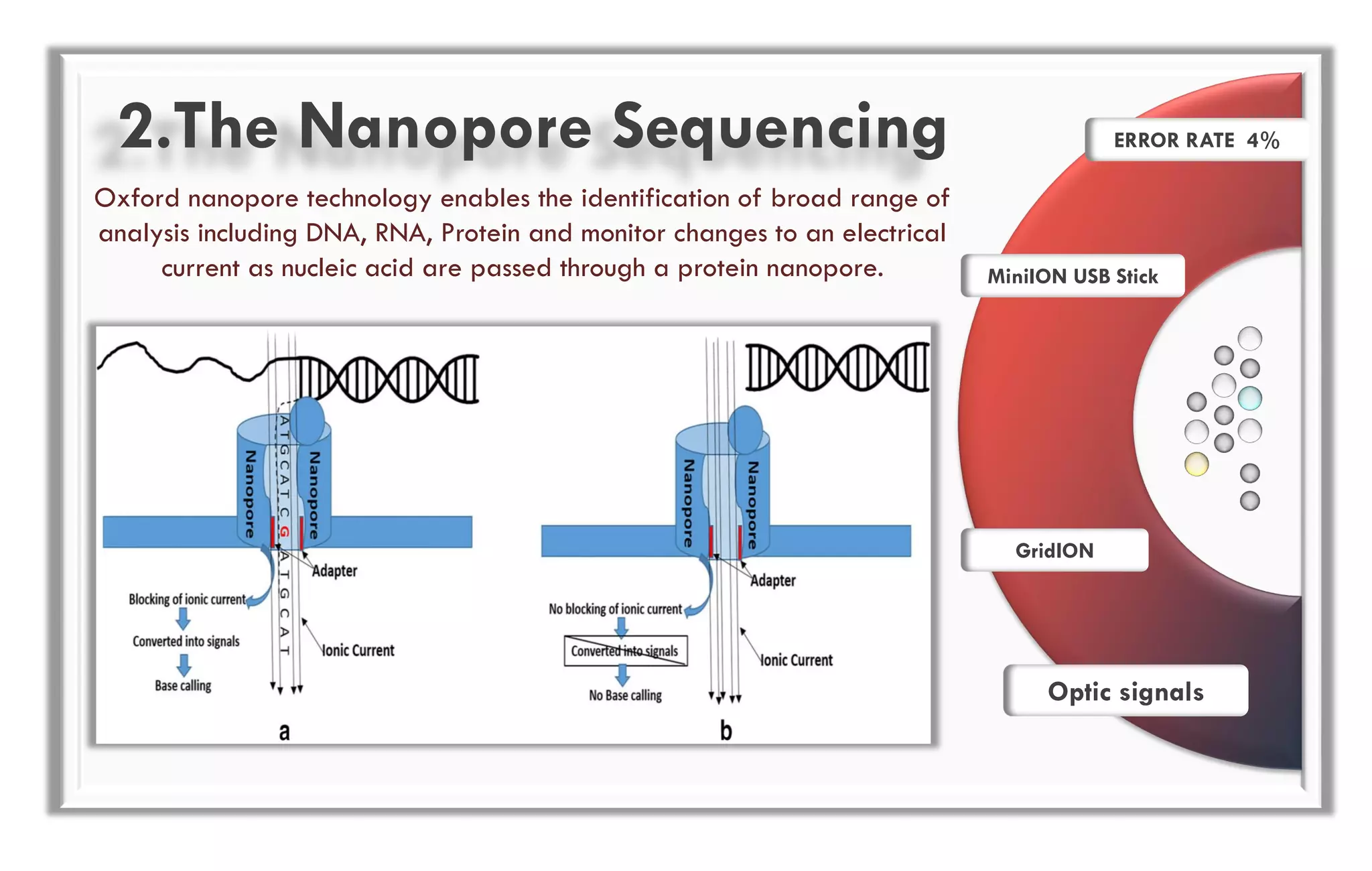 2.The Nanopore Sequencing
Oxford nanopore technology enables the identification of broad range of
analysis including DNA, RNA, Protein and monitor changes to an electrical
current as nucleic acid are passed through a protein nanopore.
ERROR RATE 4%
GridION
Optic signals
MiniION USB Stick
 