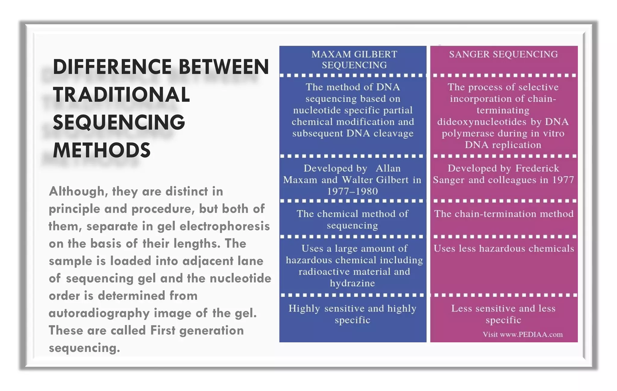 DIFFERENCE BETWEEN
TRADITIONAL
SEQUENCING
METHODS
Although, they are distinct in
principle and procedure, but both of
them, separate in gel electrophoresis
on the basis of their lengths. The
sample is loaded into adjacent lane
of sequencing gel and the nucleotide
order is determined from
autoradiography image of the gel.
These are called First generation
sequencing.
 