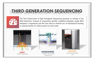 THIRD GENERATION SEQUENCING
The Third Generation of high throughput Sequencing develop as remedy to the
SGS limitations. Instead of sequencing clonally amplified template, single DNA
template is sequenced and this also need to minimal use of biochemical leading
to miniaturization of whole process to nano-scale.
PACIFIC BIOSCIENCE
SMRT HELICOS BIOSCIENCE,
USA
HELICOS
OXFORD NANOSPORE
TECHNOLOGY
NANOSPORE
 